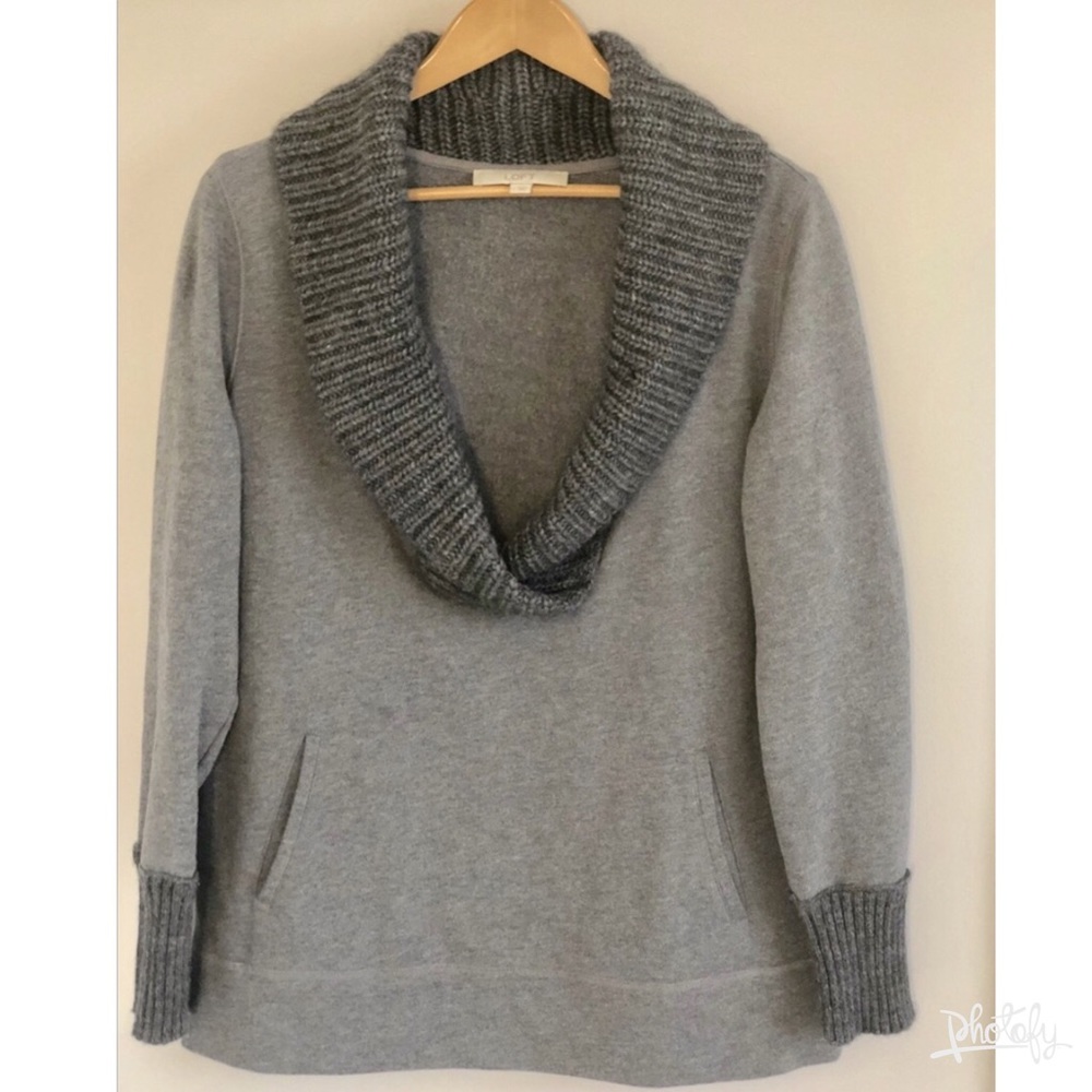 LOFT Gray Deep V Cowl Neck Sweater w/ pockets